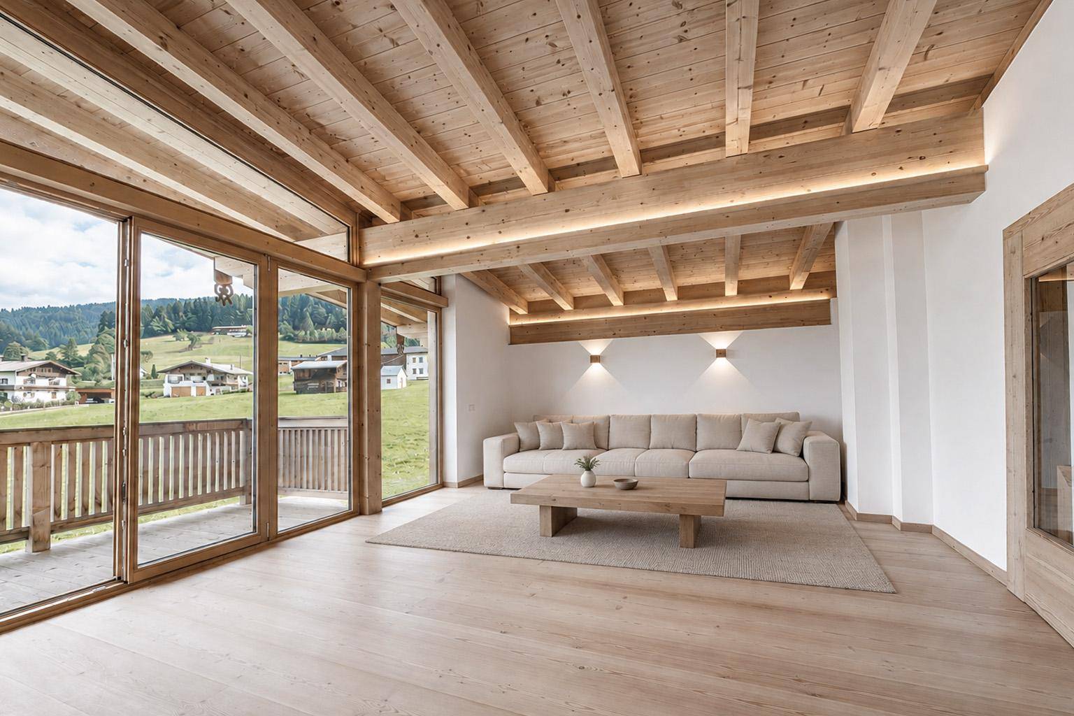Helles, modernes Wohnzimmer mit großen Glasfronten, Holzbalkendecke und weitem Blick in die Landschaft.