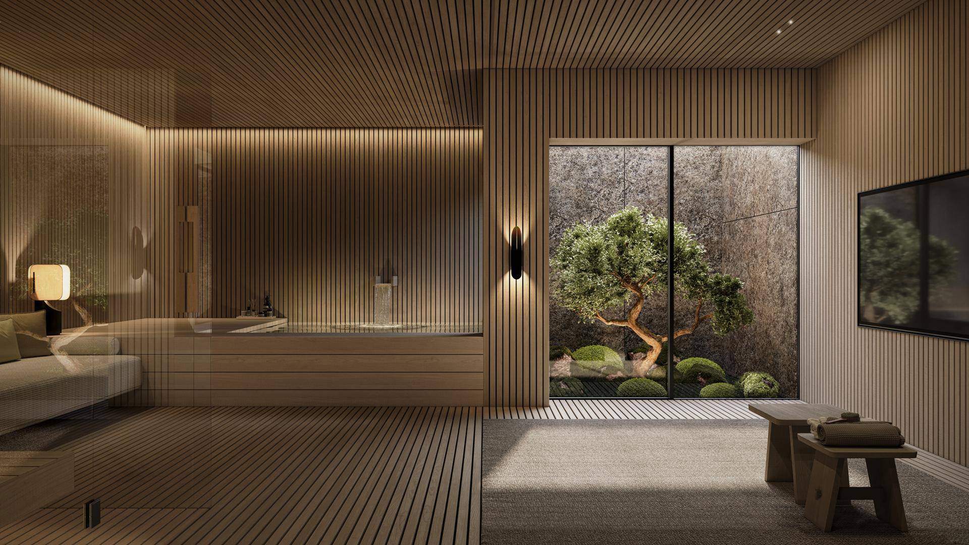 Exklusiver Wellnessbereich mit Badewanne, Holzverkleidung und Blick auf einen Zen-Garten.