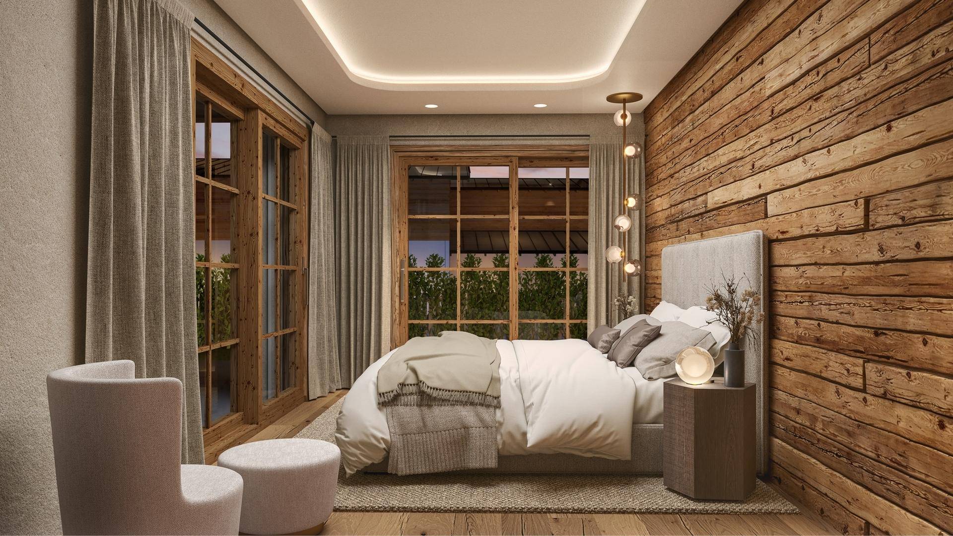 Gemütliches Schlafzimmer mit Holzwand, großen Fenstern und indirekter Deckenbeleuchtung.