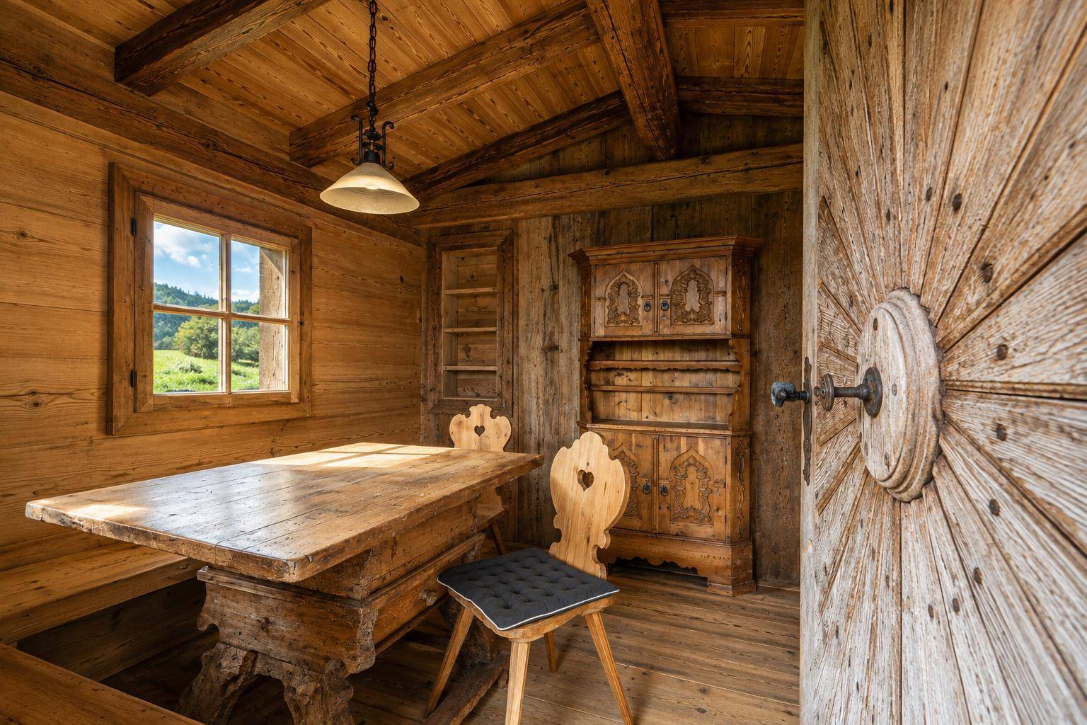 Rustikaler Essbereich mit Holzwänden, traditionellen Möbeln und einem Fenster mit Blick ins Grüne.