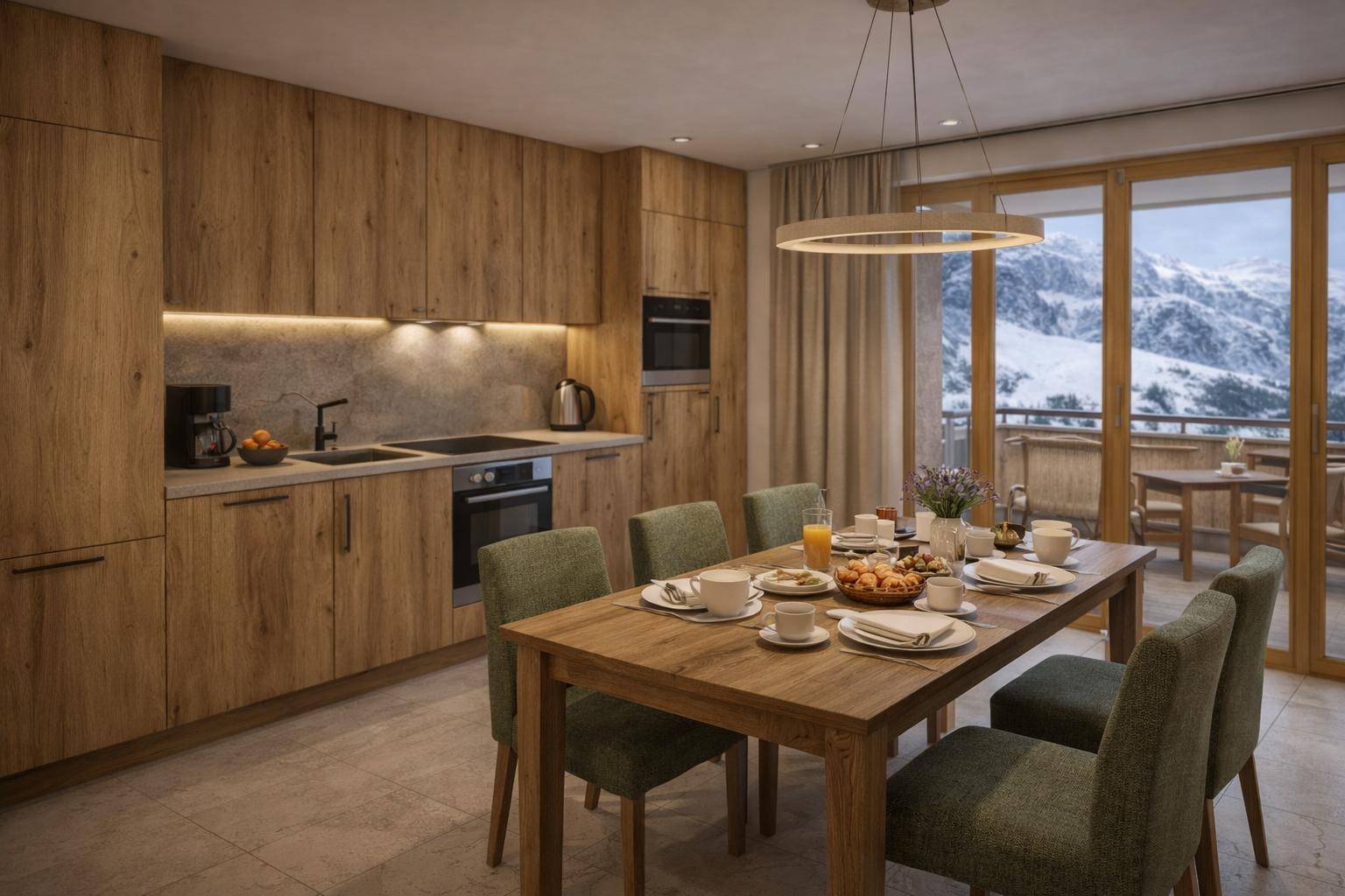 Moderne Holzküche mit integrierten Geräten und Essbereich, direktem Zugang zum Balkon mit Bergblick.