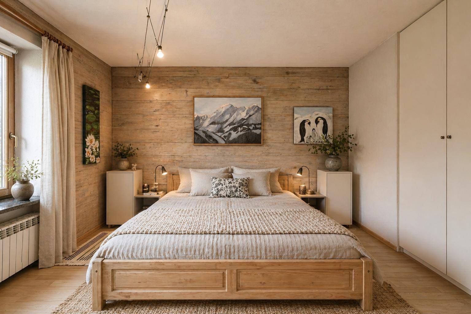 Gemütliches Schlafzimmer mit Holzbett, Holzwand und Einbauschränken, hell und modern.