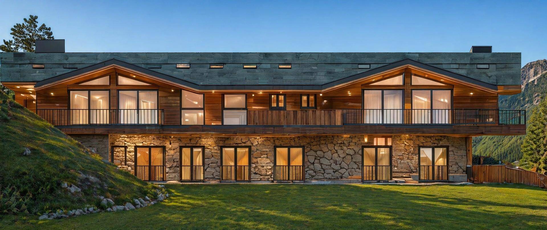 Breite Ansicht eines modernen Hauses mit Steinfassade, Holzdetails und weitläufigem Rasen.