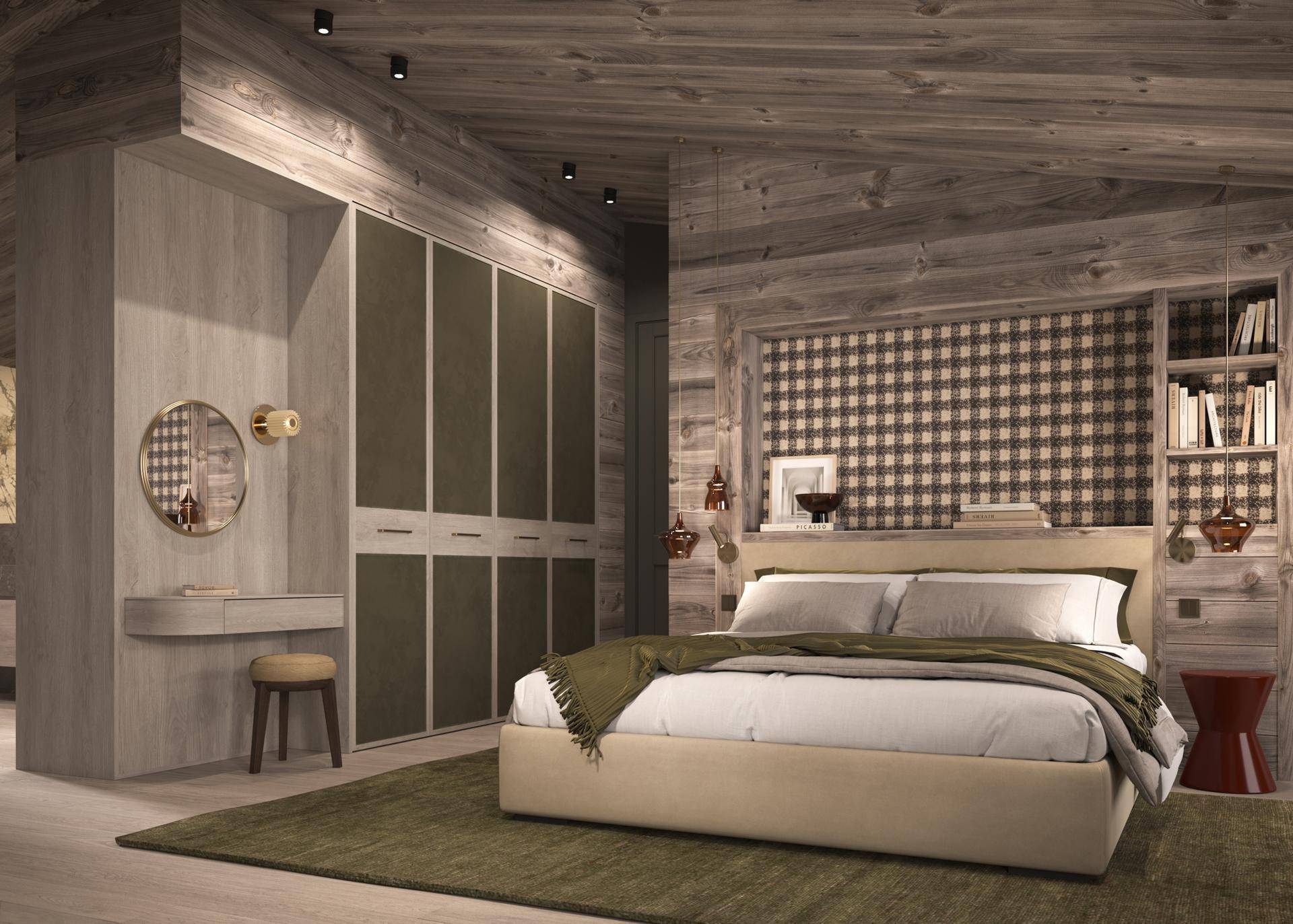 Gemütliches Schlafzimmer im alpinen Stil mit Holzwänden, Einbauschränken und einem bequemen Bett.