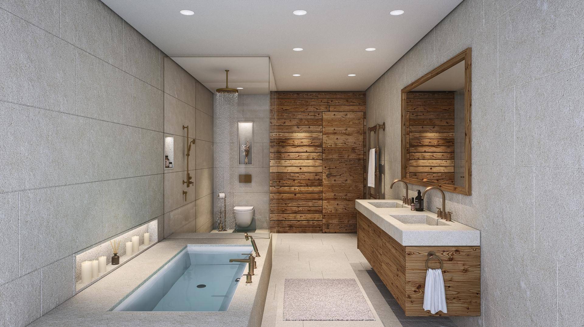 Modernes Badezimmer mit eingelassener Badewanne, Regendusche und Doppelwaschbecken.
