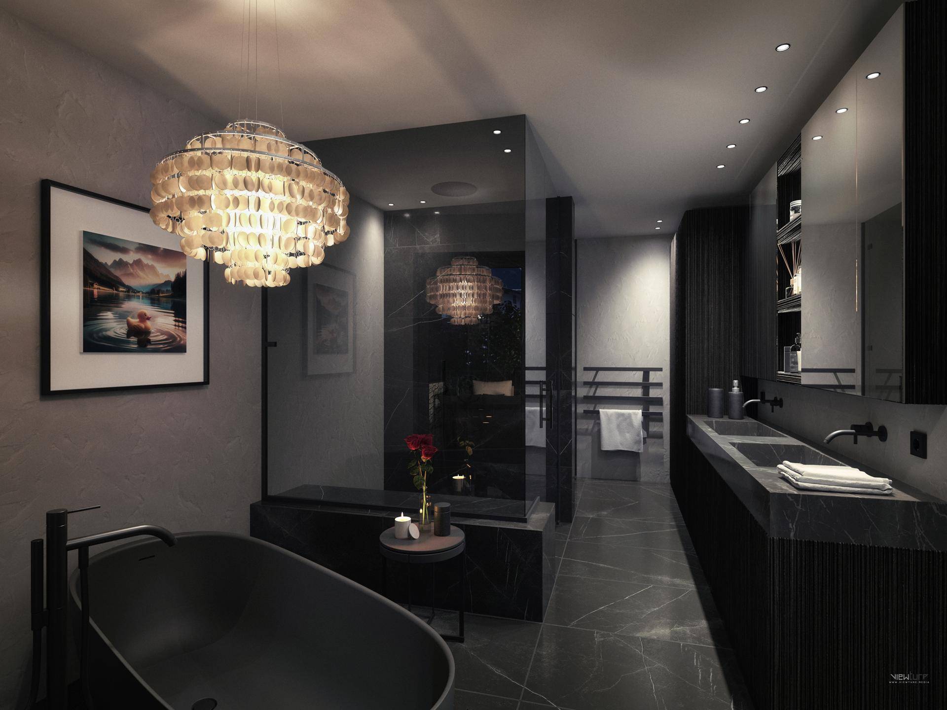 Luxuriöses Badezimmer mit freistehender Badewanne, begehbarer Dusche und Doppelwaschbecken.