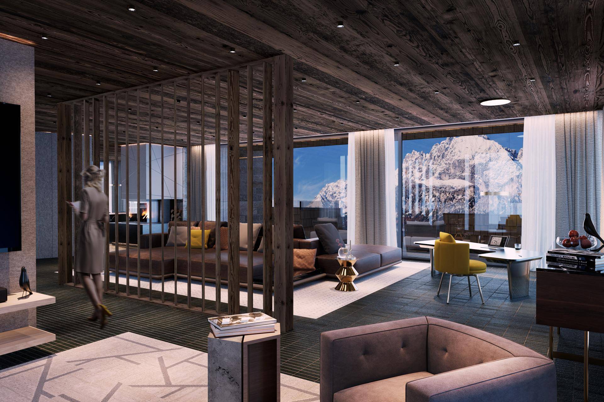 Geräumiges Wohnzimmer mit Holzelementen, großen Fenstern und spektakulärem Bergblick.