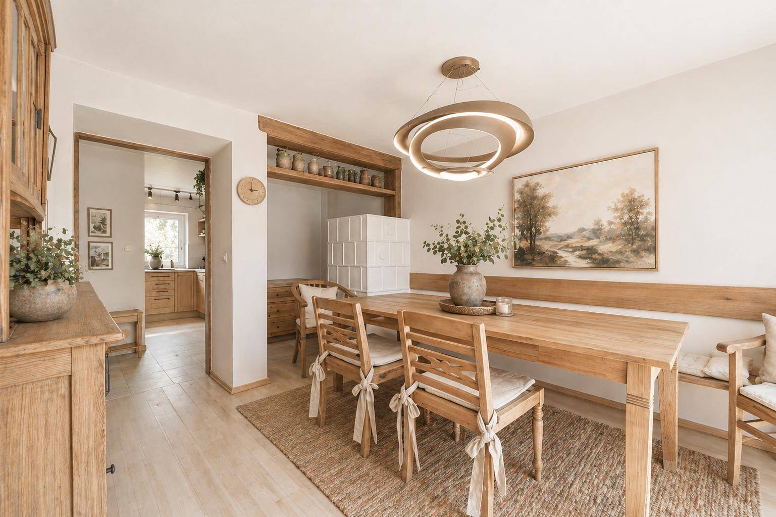 Helles Esszimmer mit Holztisch, Stühlen und einem traditionellen Kachelofen im Hintergrund.