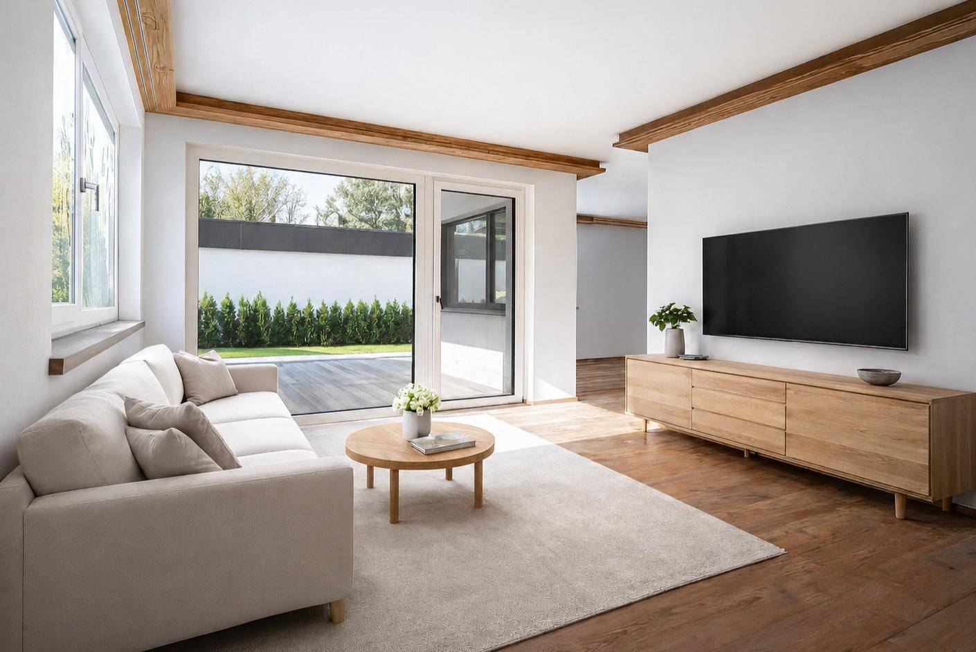 Gemütliches Wohnzimmer mit hellem Sofa, Holzboden und großen Fenstern, die viel Tageslicht hereinlassen.