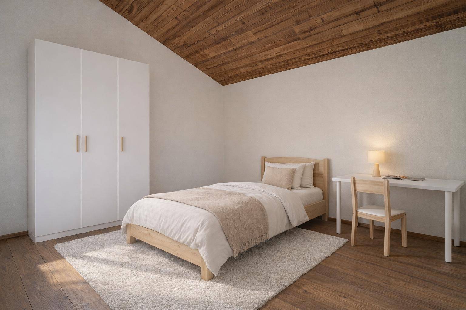 Modern eingerichtetes Schlafzimmer mit Einzelbett, weißem Kleiderschrank und Holzdecke.