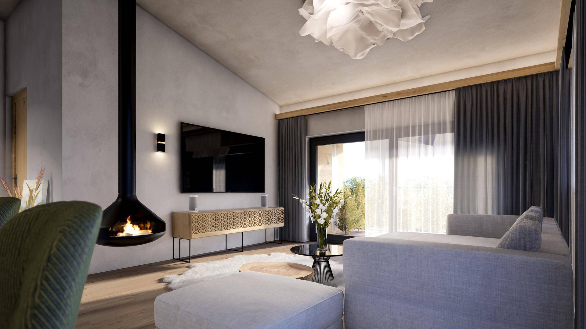 Helles Wohnzimmer mit modernem Hängekamin, großem Fenster und gemütlichem Sofa.