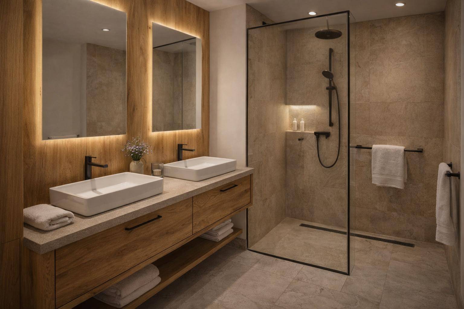 Modernes Badezimmer mit Doppelwaschbecken, Holzunterschrank und großer begehbarer Dusche.