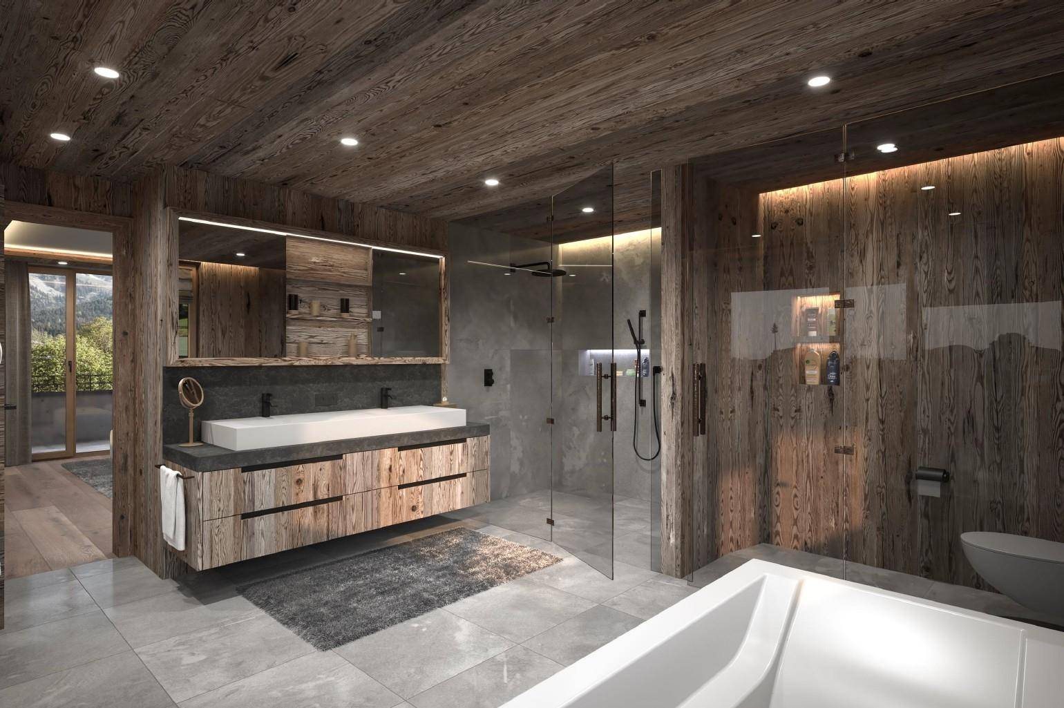 Modernes Badezimmer mit Holzverkleidung, Doppelwaschbecken und begehbarer Dusche.