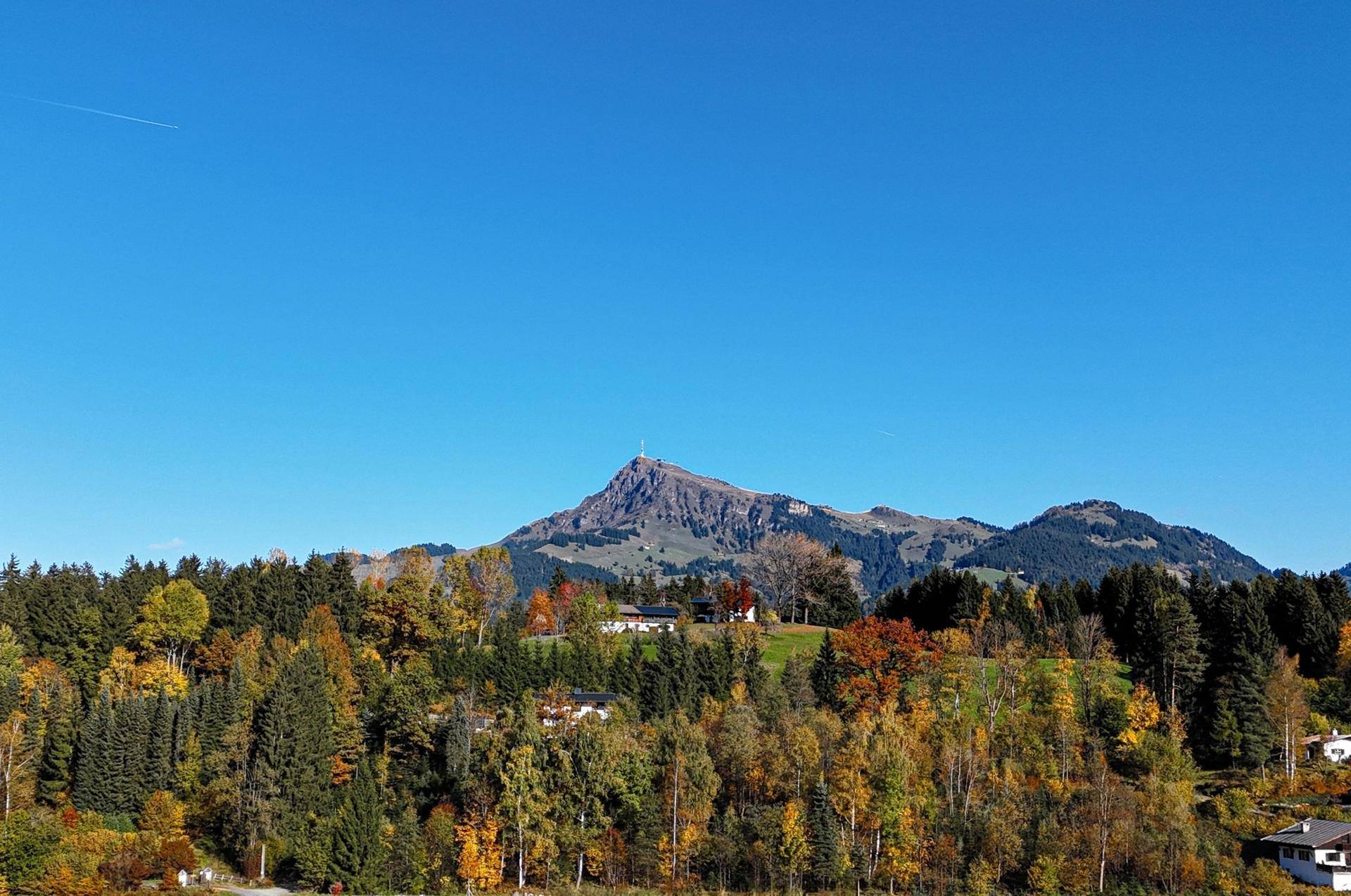 Weitläufiger Blick auf die bewaldeten Hügel und den majestätischen Berg.