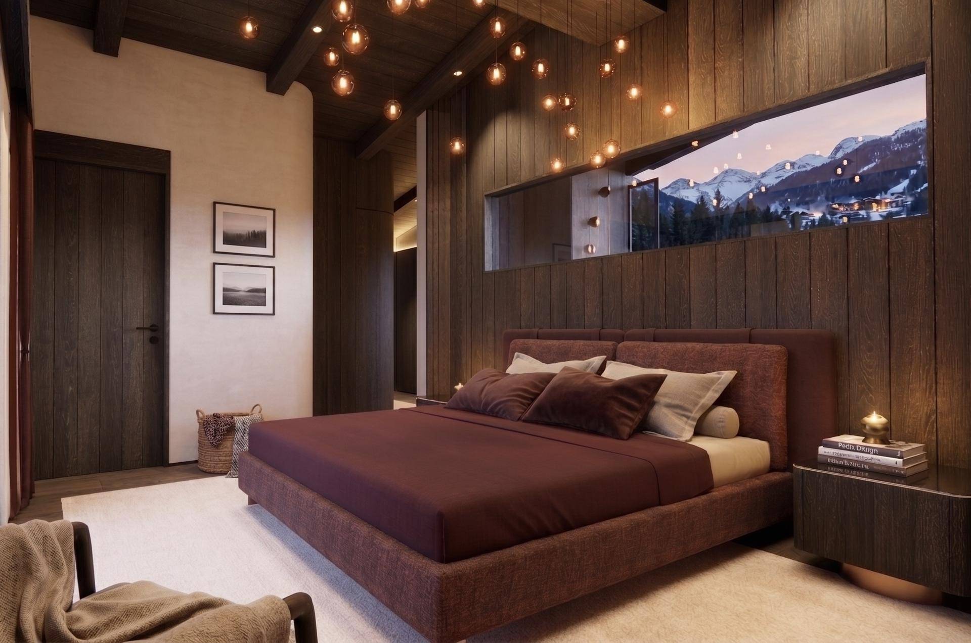 Luxuriöses Schlafzimmer mit Holzwänden, gemütlichem Bett und Bergblick durch das Panoramafenster.
