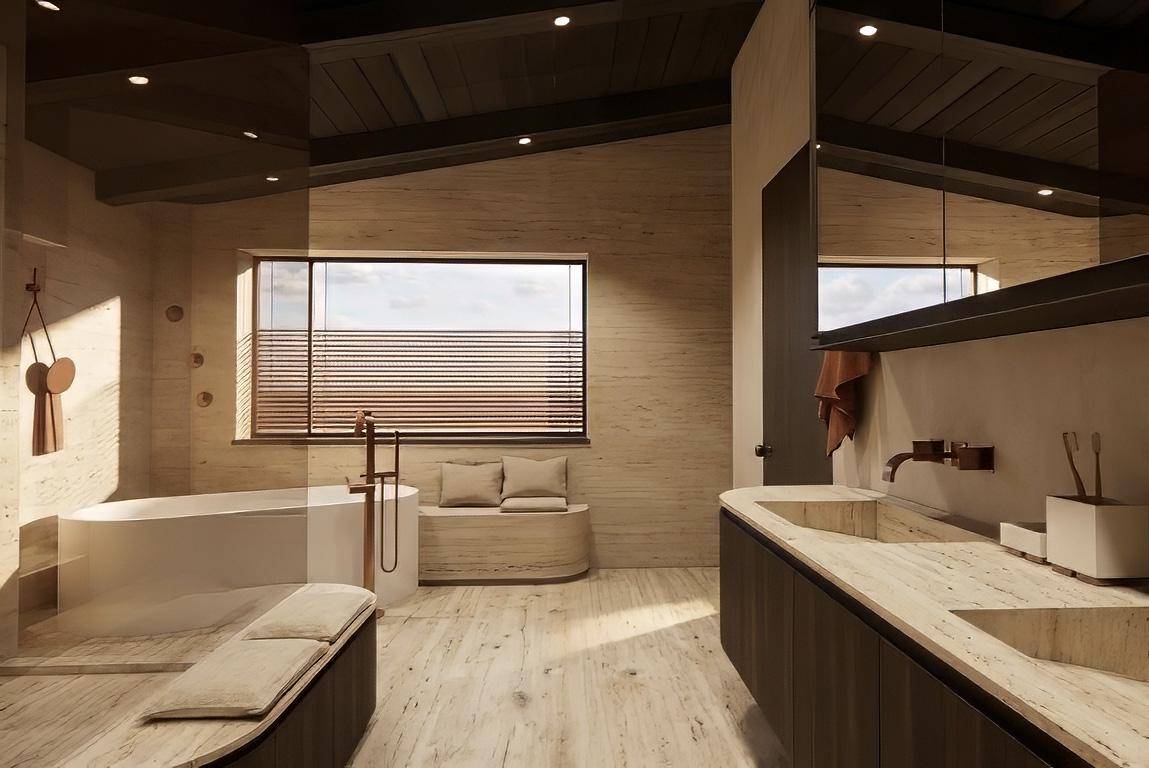 Elegantes Badezimmer mit freistehender Badewanne, Doppelwaschbecken und Holzboden in hellen Tönen.