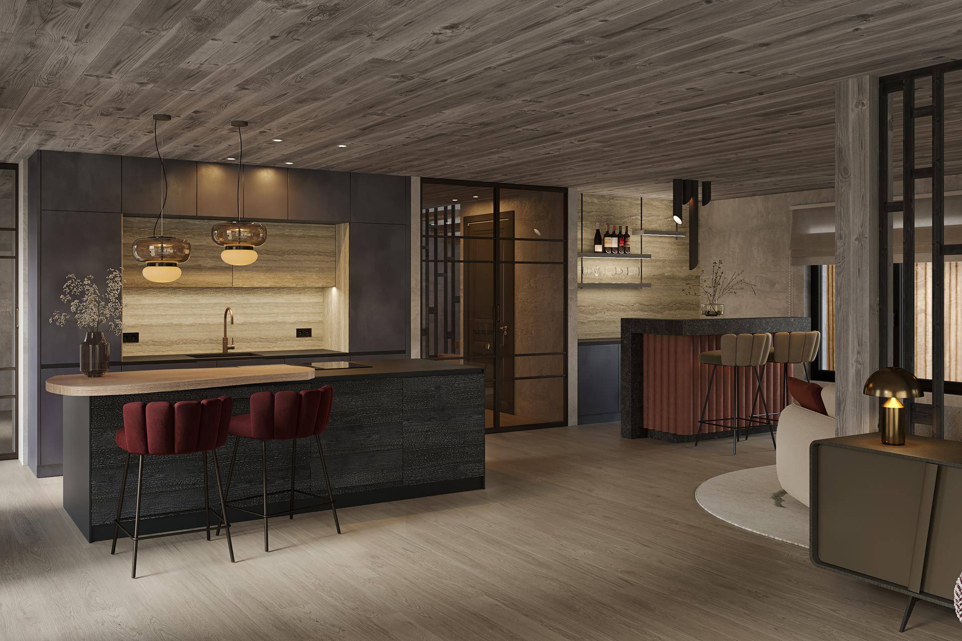 Moderner offener Wohnbereich mit integrierter Küche, Bar und Holzakzenten an Decke und Boden.