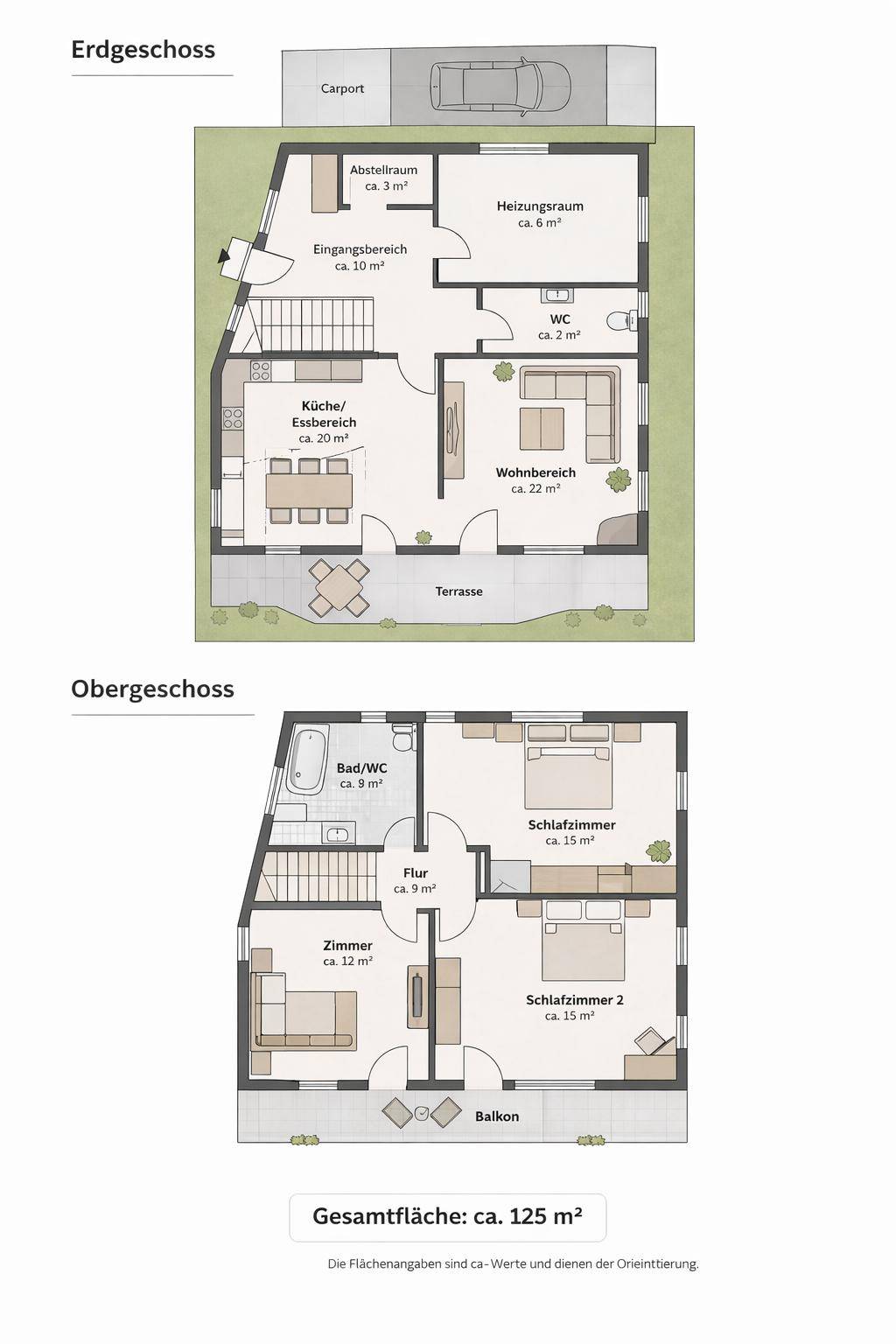 Detaillierter Grundrissplan eines Hauses mit Erd- und Obergeschoss, inklusive offener Wohnbereiche, Terrasse und Balkon.