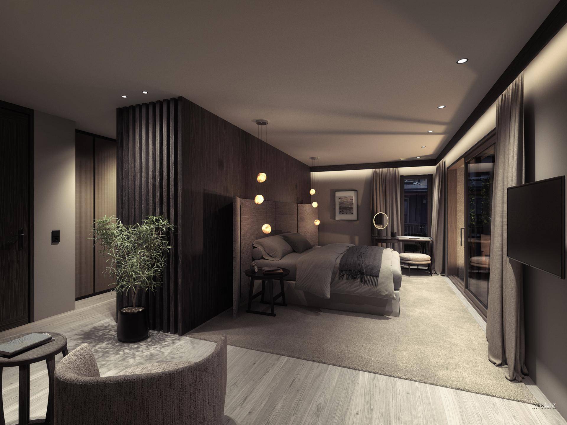 Elegantes Schlafzimmer mit dunklen Holzakzenten, Teppichboden und Zugang zum Balkon.