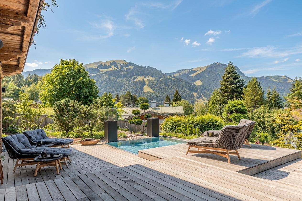 Große Holzterrasse mit kleinem Pool, Liegestühlen und Panoramablick auf die Berge.