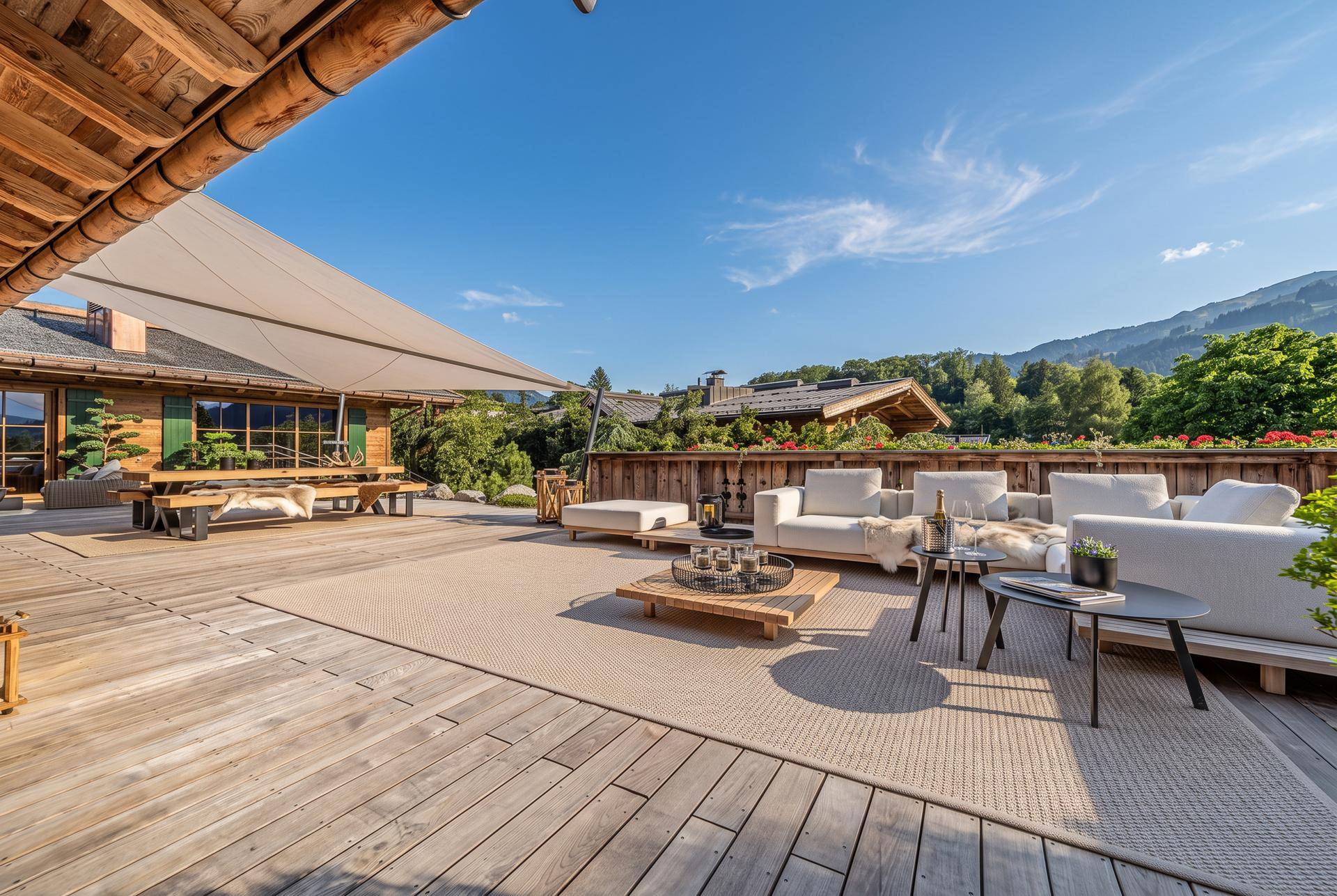 Weitläufige Holzterrasse mit Lounge-Möbeln, Esstisch und Sonnensegel.