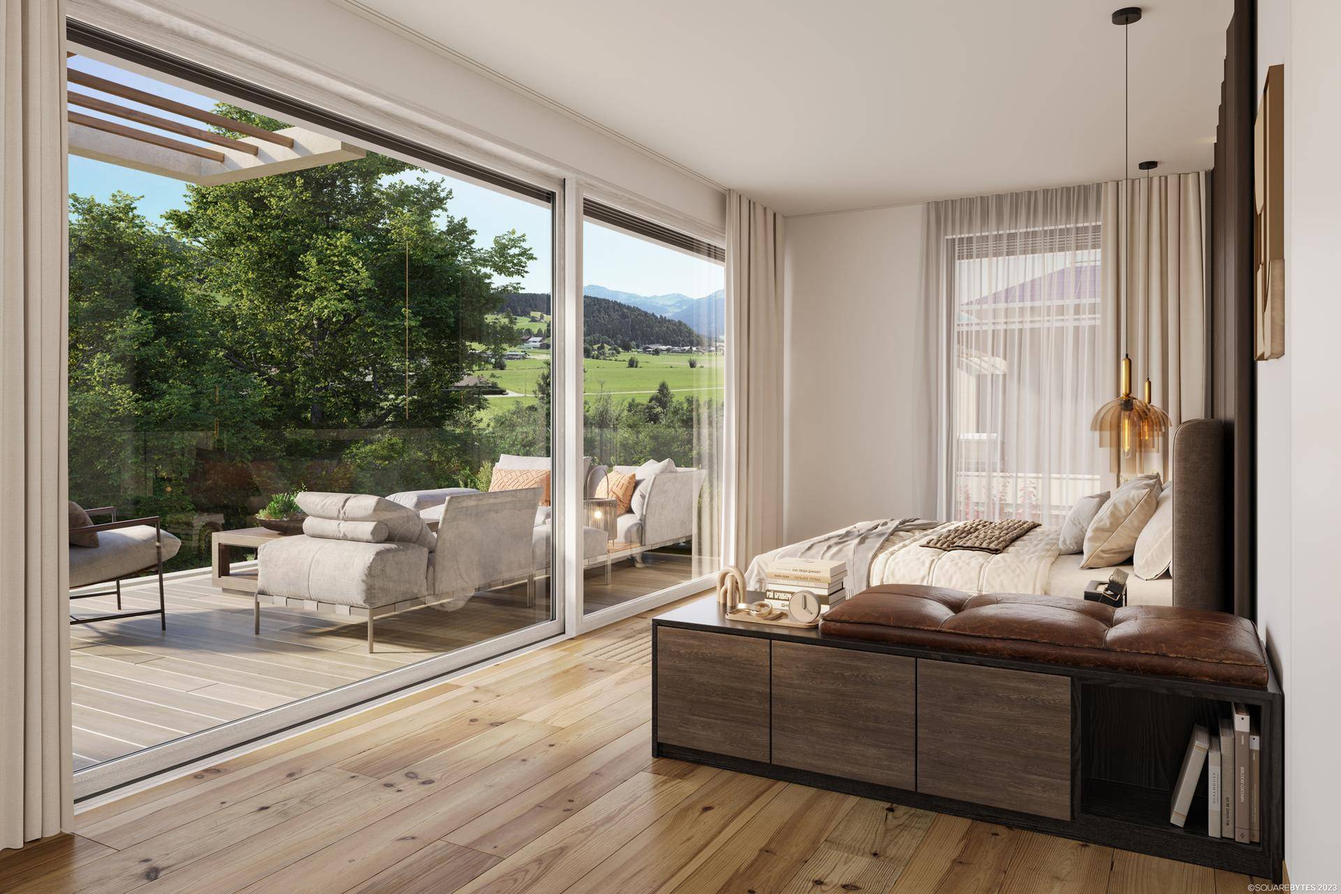 Helles Schlafzimmer mit Holzboden, Zugang zur Terrasse und weitem Blick auf die grüne Landschaft.