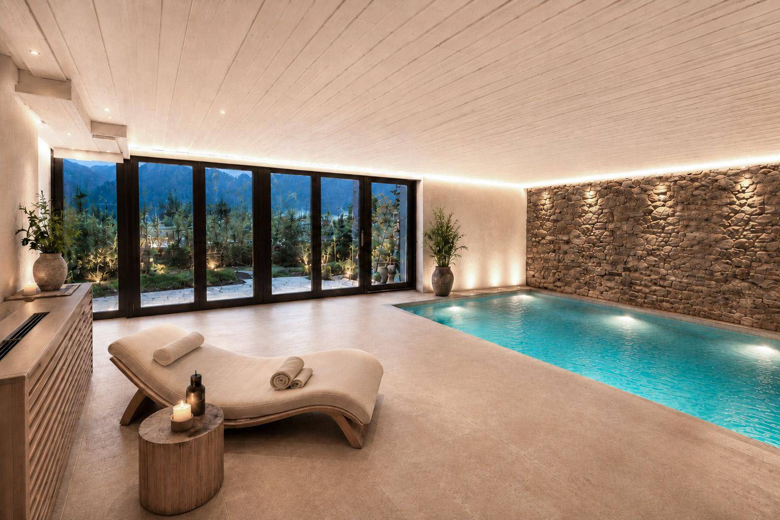 Exklusiver Wellnessbereich mit Innenpool, Steinwand und großen Fenstern zum Garten.