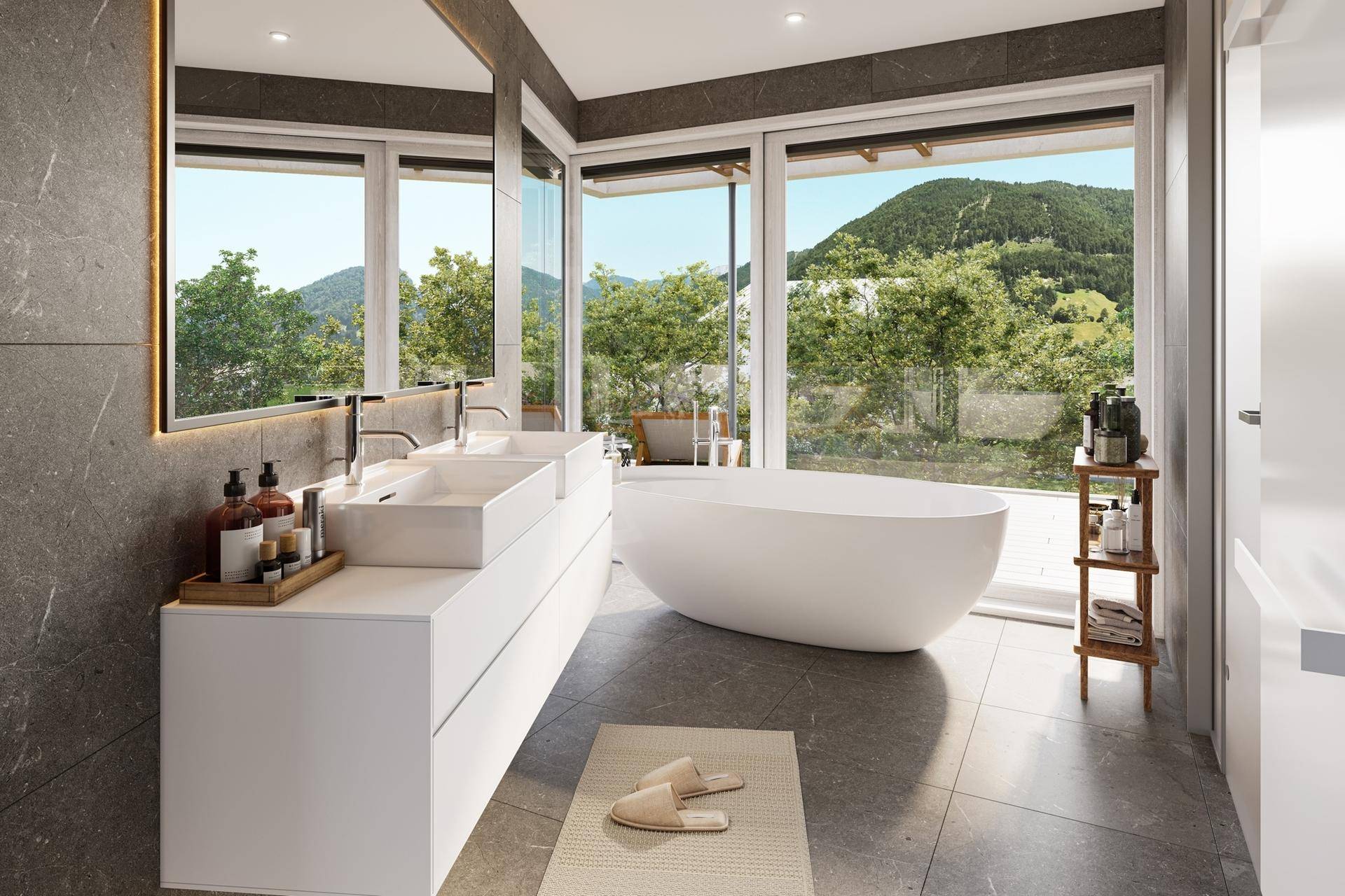 Modernes Badezimmer mit freistehender Badewanne, Doppelwaschbecken und Panoramablick auf die Berge.