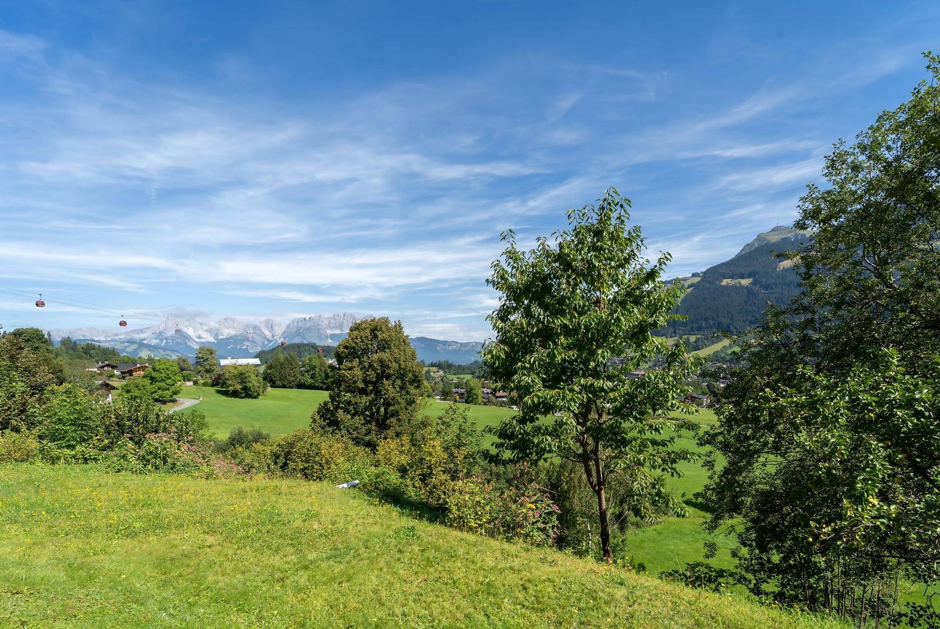 Weitläufige grüne Wiesen und Bäume mit einer Bergkette im Hintergrund unter blauem Himmel.