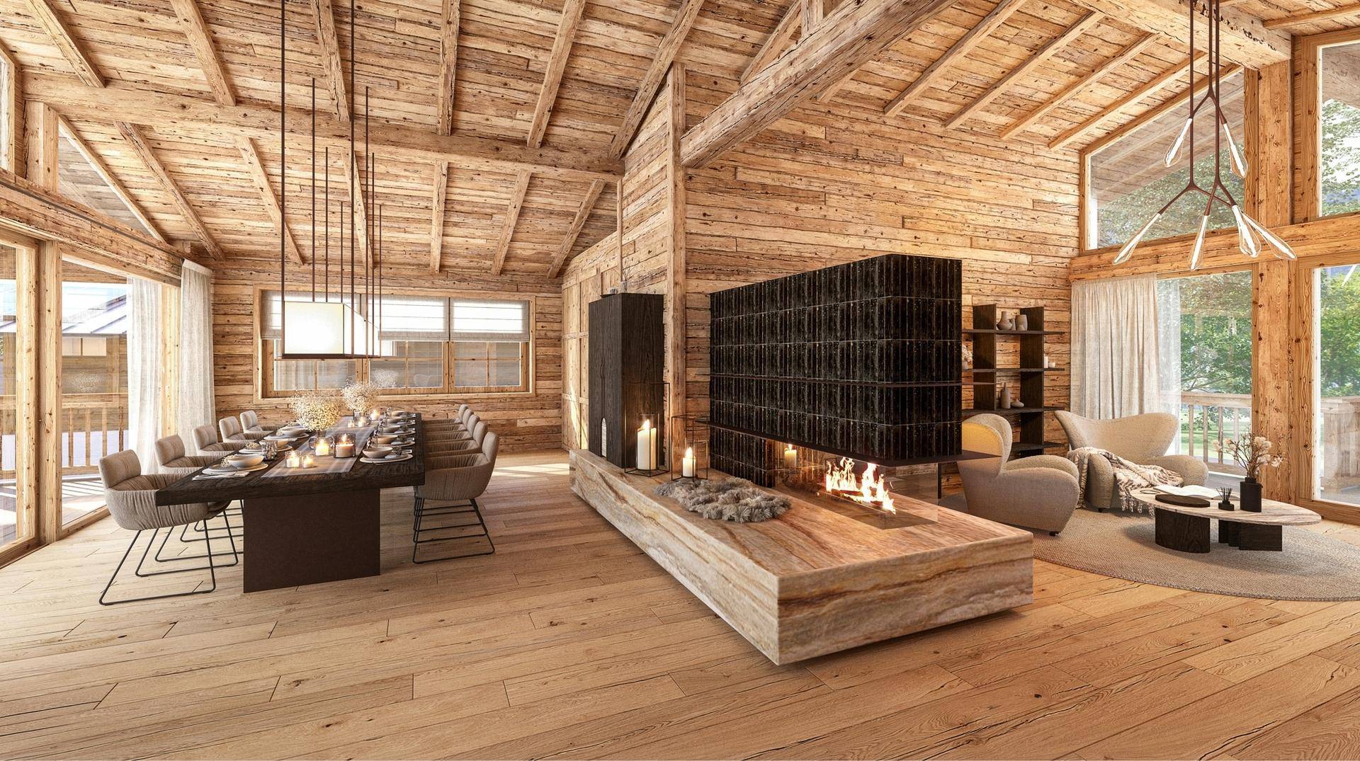 Geräumiger Wohn-Essbereich mit Holzbalken, modernem Kamin und großen Fensterfronten.