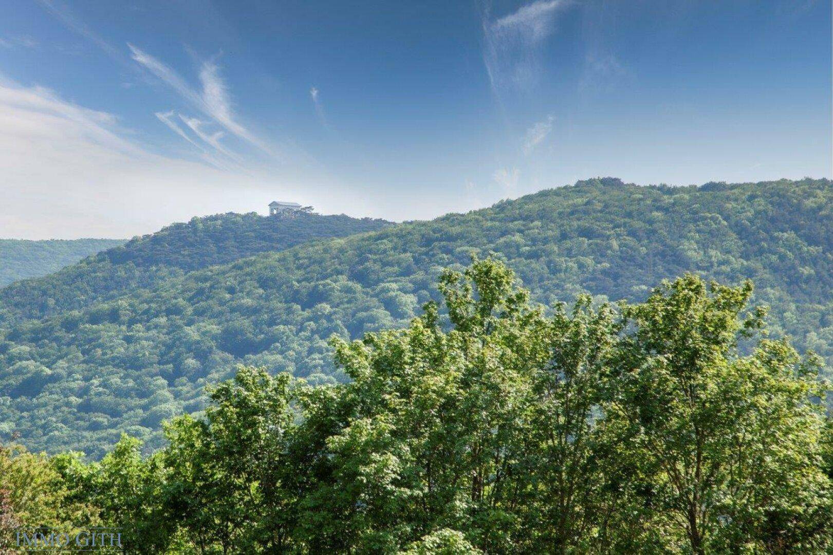 Panoramablick über bewaldete Hügel und weite grüne Landschaften unter blauem Himmel.
