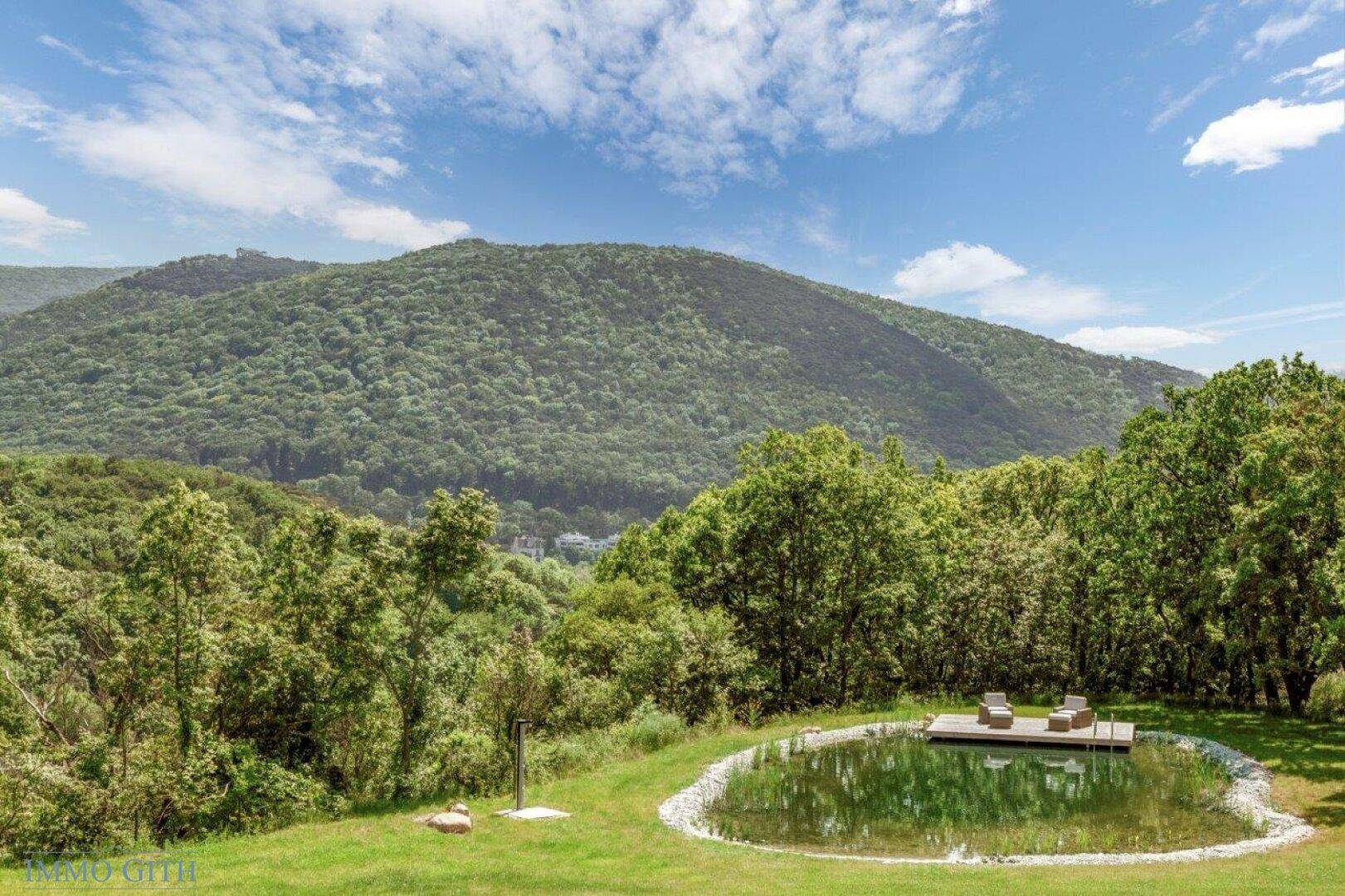 Natürlicher Teich im Gartenbereich mit Sitzgelegenheiten und Blick auf die bewaldeten Hügel.