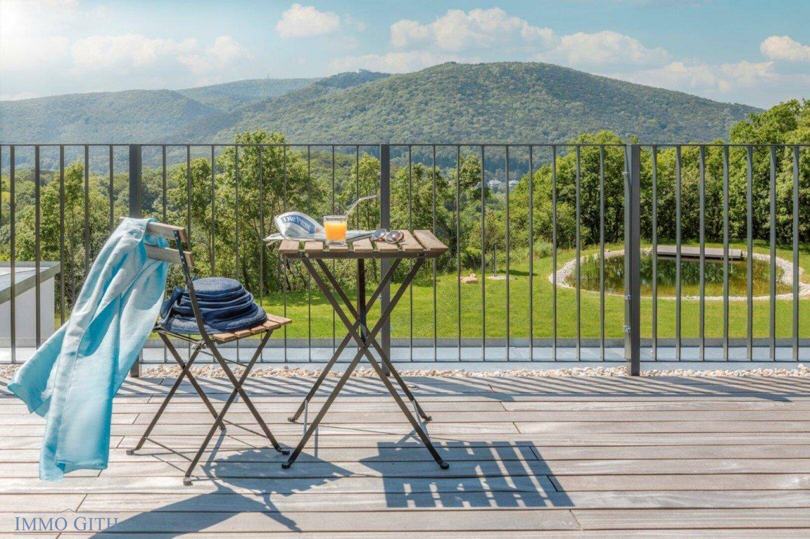 Dachterrasse mit Tisch und Stühlen, bietet einen weiten Blick auf den Teich und die Landschaft.