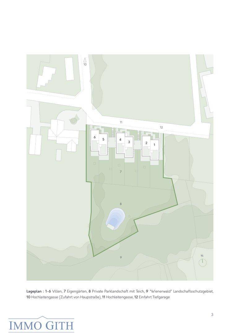 Lageplan der Villenanlage mit privater Parklandschaft, Teich und Zugang zur Hauptstraße.
