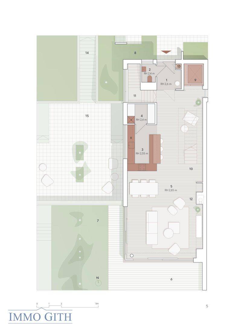 Grundriss des Erdgeschosses der Villa 4 mit offenem Wohnbereich, Küche, Terrasse und Garten.