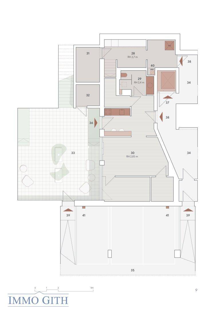 Grundriss des Untergeschosses der Villa 4 mit Waschküche, Atelier, Abstellräumen und Tiefgarage.