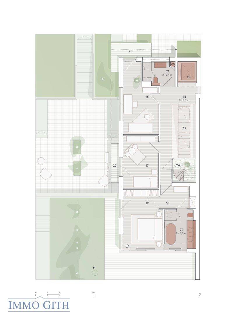 Grundriss des Obergeschosses der Villa 4 mit Schlafzimmern, Bädern und Zugang zu Balkonen.