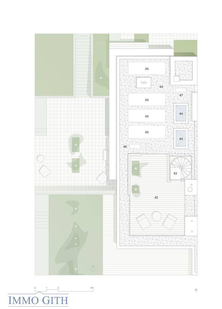 Grundriss der Dachterrasse der Villa 4 mit Sitzbereich, Photovoltaikanlage und Flachdachfenstern.
