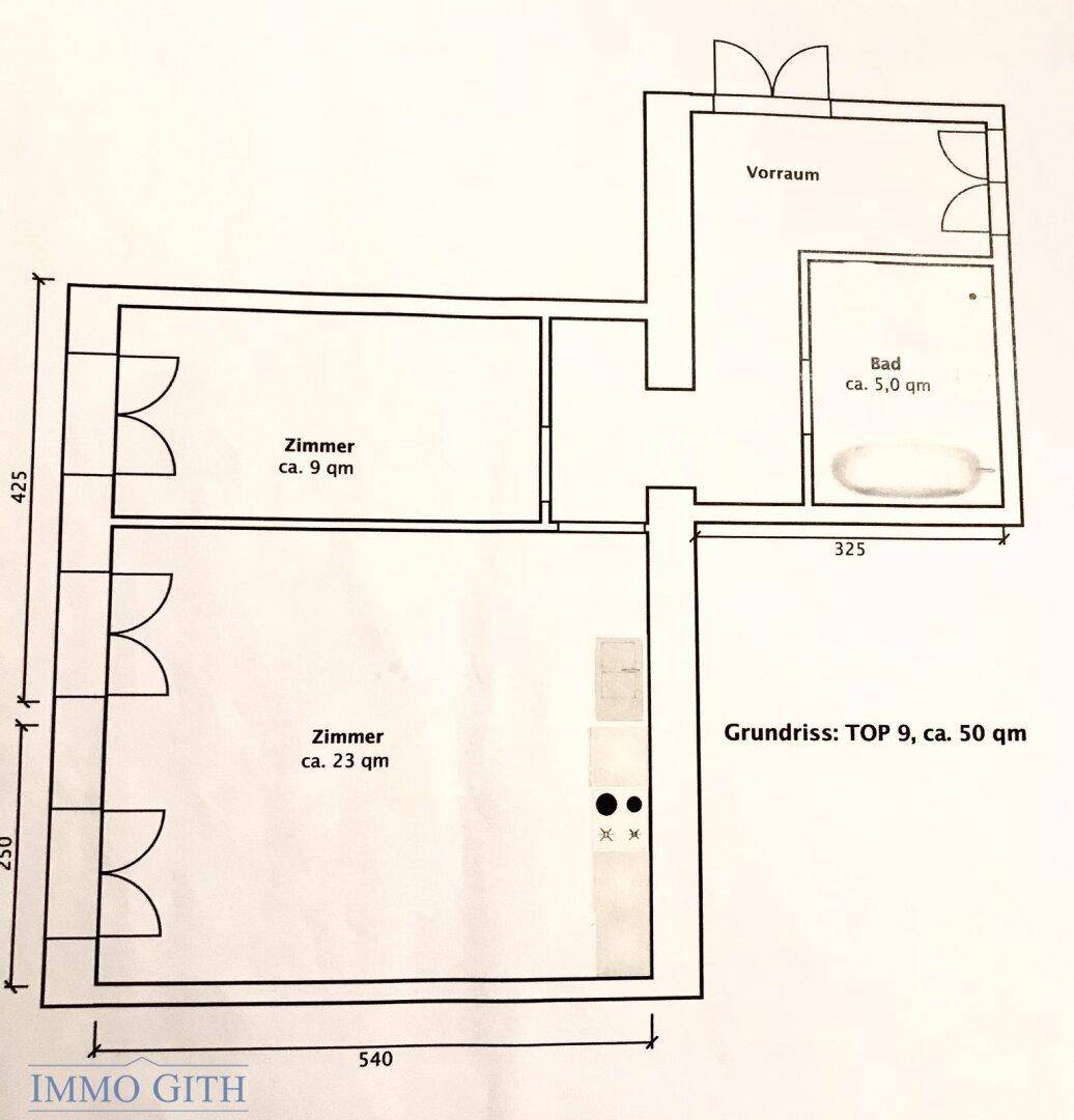 Grundriss zeigt eine Wohnung mit zwei Zimmern, Bad und Vorraum auf ca. 50 m² Wohnfläche.