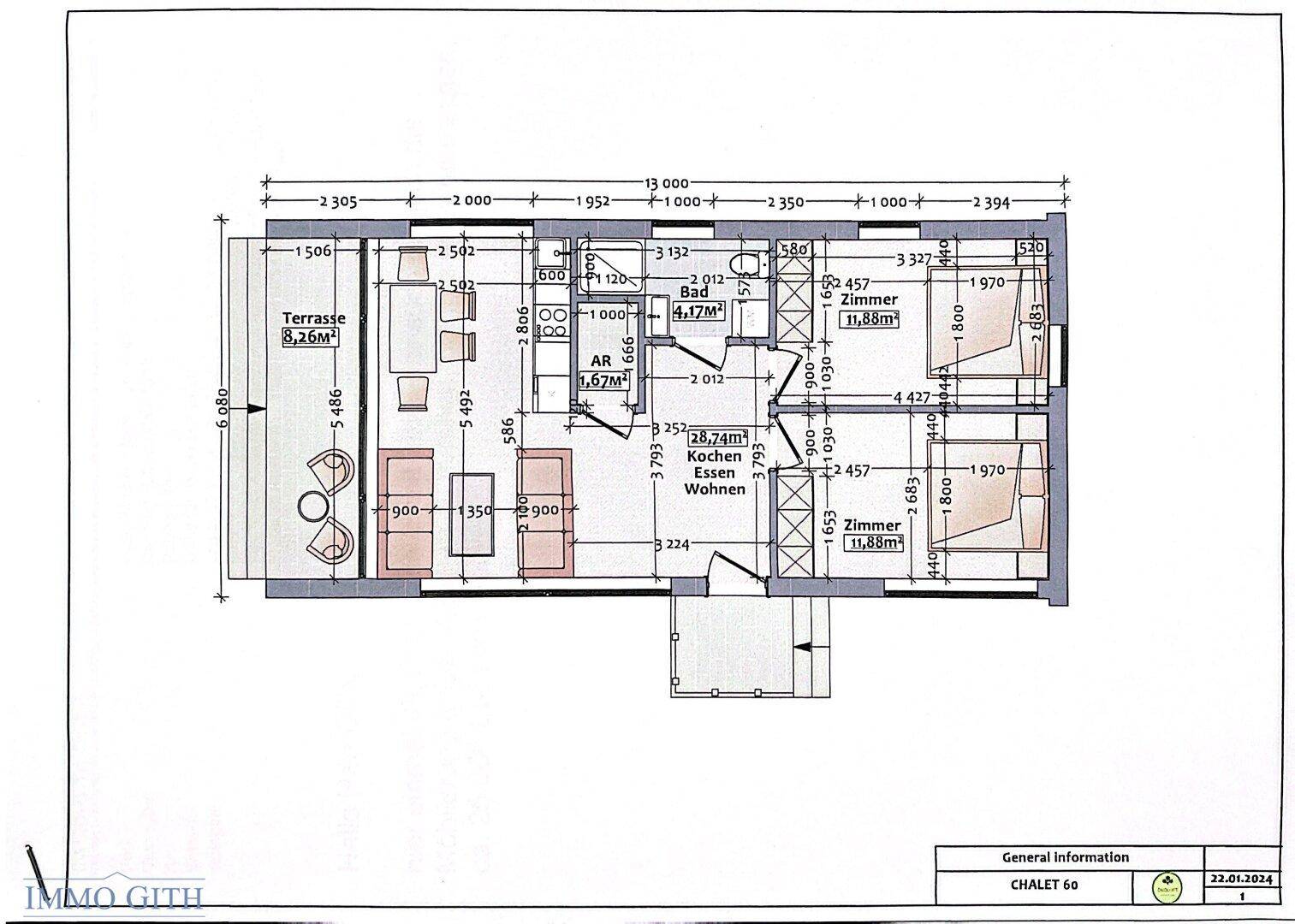 Grundriss des Chalet 60 mit offener Wohnküche, zwei Schlafzimmern und Terrasse.