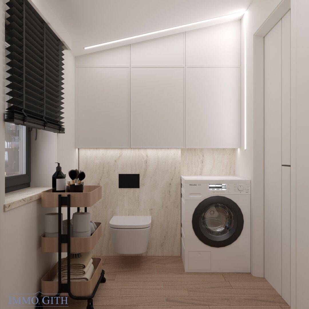 Modernes WC mit integrierter Waschmaschine, Wand-WC und praktischen Einbauschränken.