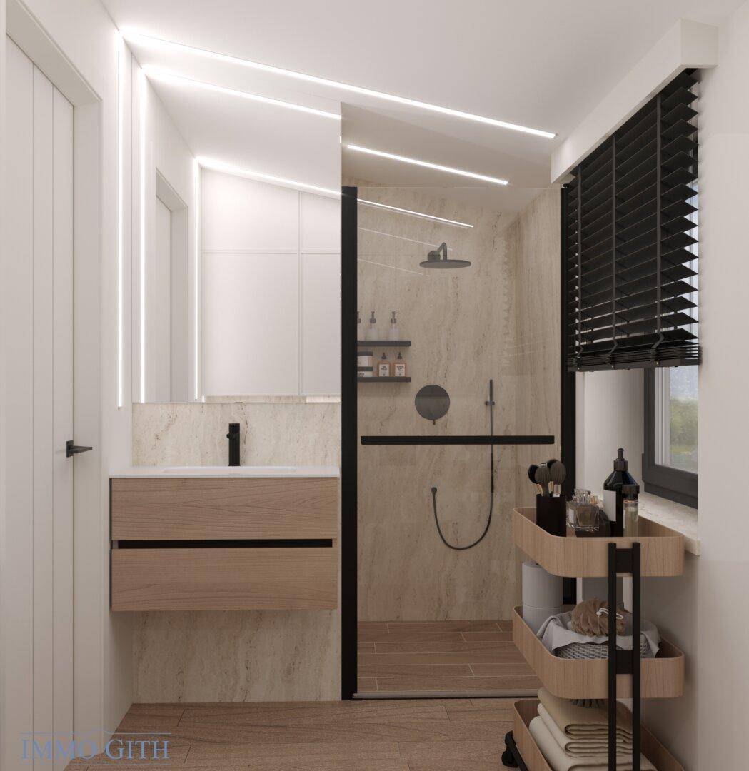 Elegantes Badezimmer mit begehbarer Dusche, modernem Waschtisch und Spiegelschrank.
