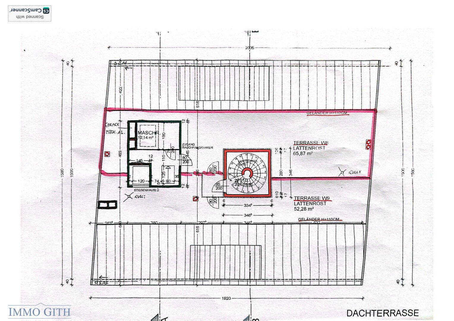 Grundriss der Dachterrasse mit zwei Terrassenbereichen und einem Maschinenschacht.