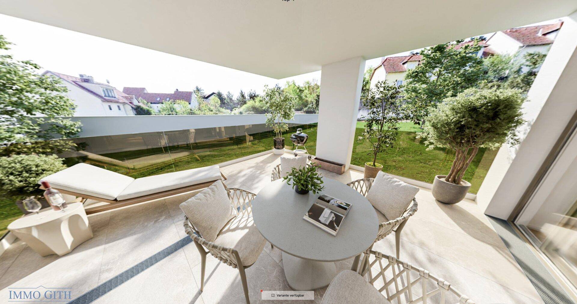 Großzügige Terrasse mit modernen Gartenmöbeln und Blick auf den gepflegten Gartenbereich.