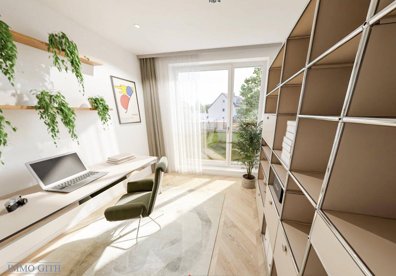 Helles Arbeitszimmer mit großem Fenster, integriertem Schreibtisch und Bücherregal.