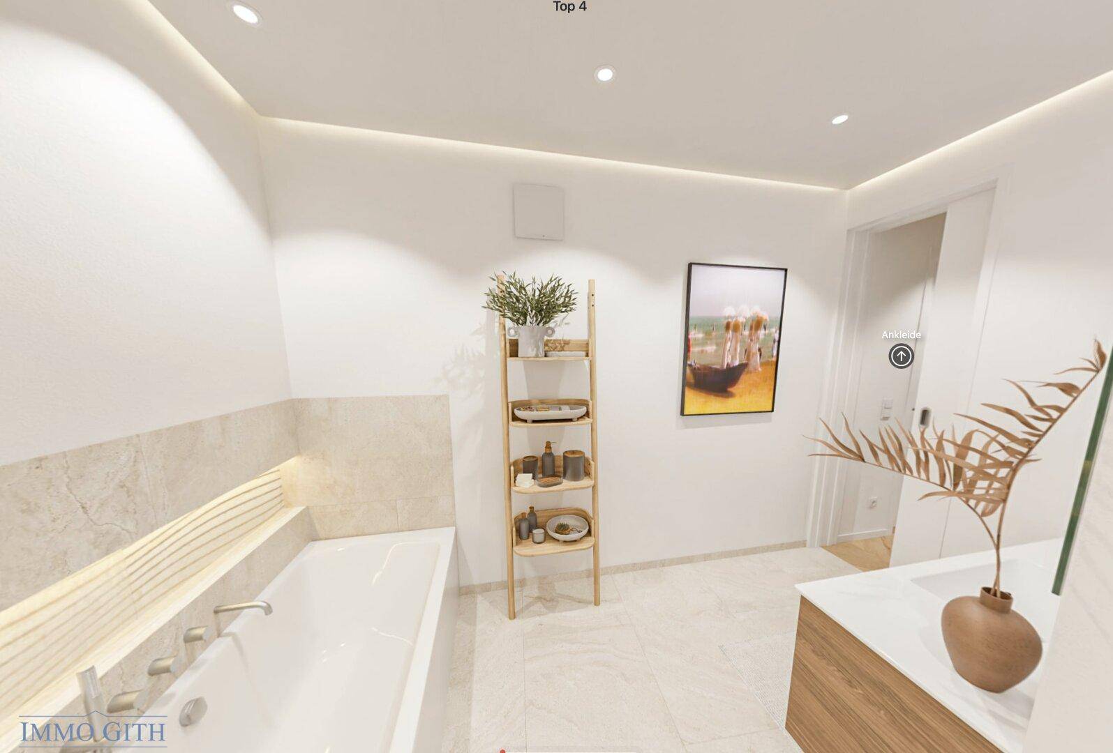 Modernes Badezimmer mit Badewanne, eleganten Fliesen und indirekter Beleuchtung.