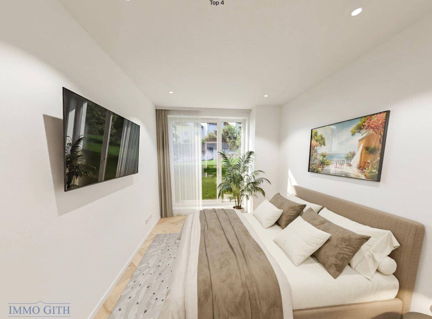 Gemütliches Schlafzimmer mit großem Bett, Fernseher und direktem Zugang zum Garten.