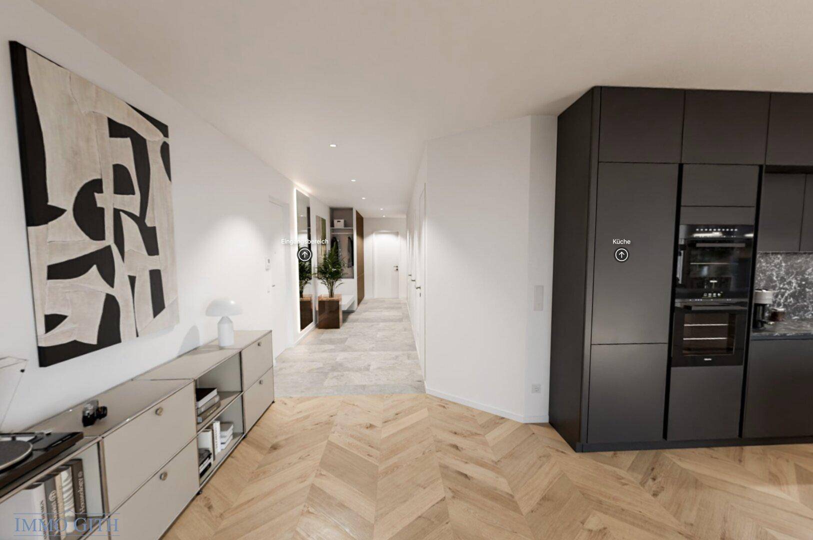 Heller Flur mit modernem Design, Holzboden und Zugang zu den verschiedenen Wohnbereichen.