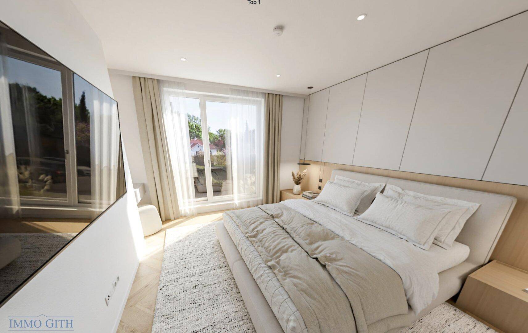 Modernes Schlafzimmer mit großem Bett, Holzboden und bodentiefen Fenstern für viel Tageslicht.