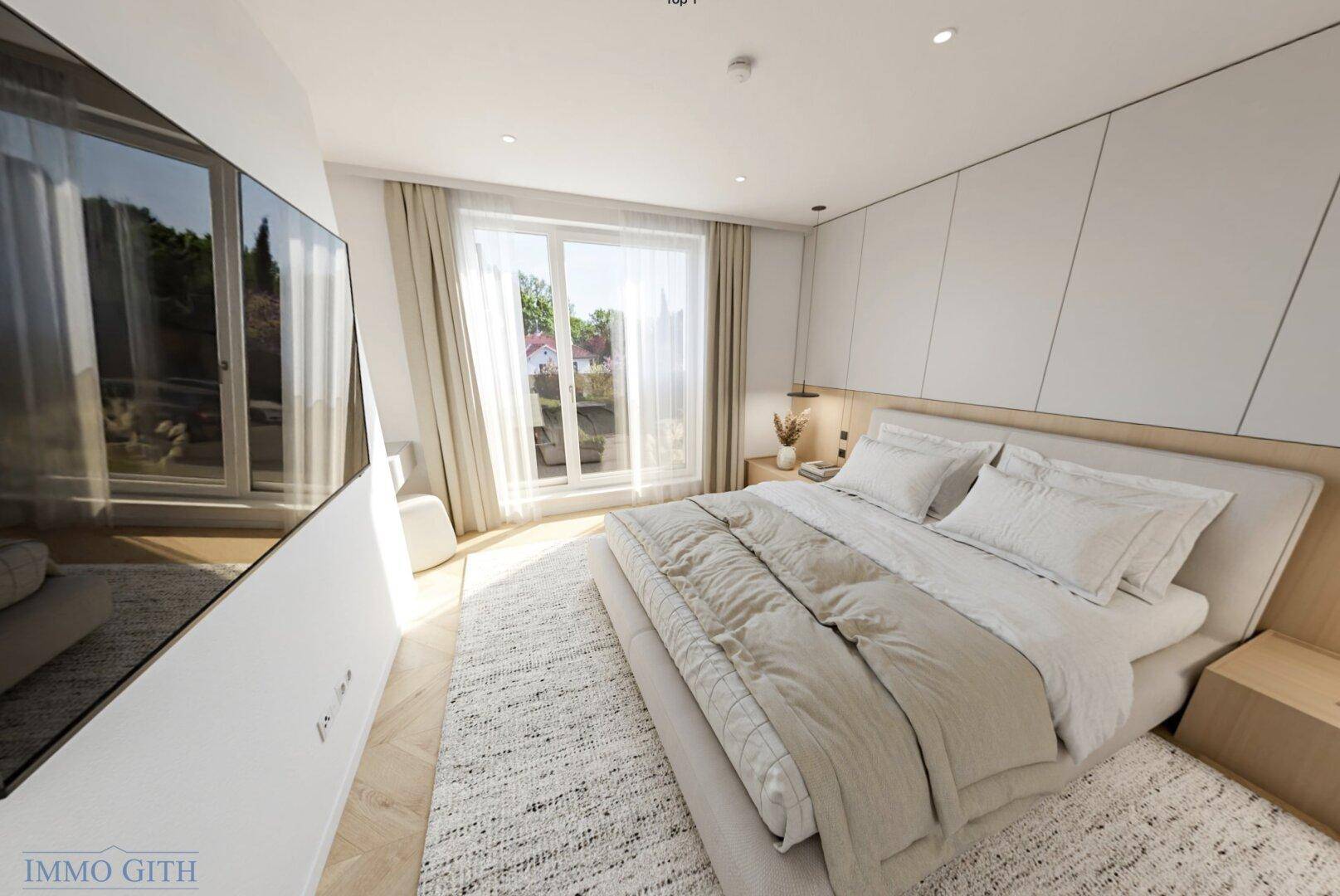 Helles Schlafzimmer mit modernem Interieur, Holzboden und Zugang zu einem Außenbereich.